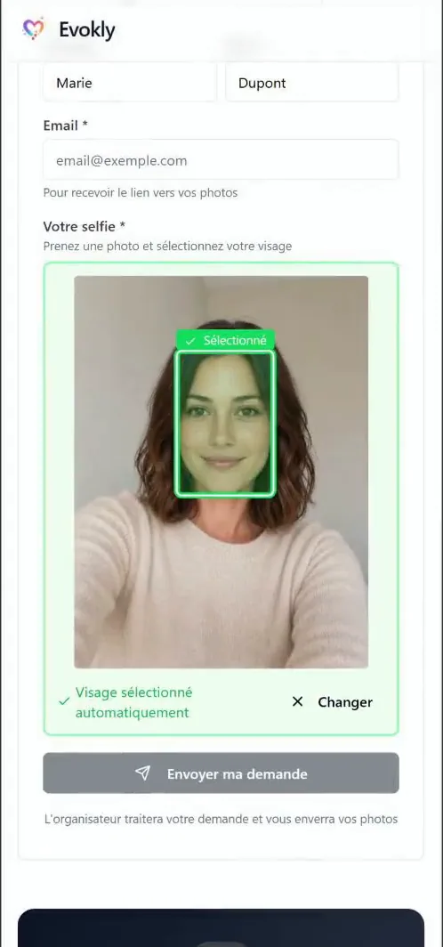 Reconnaissance faciale Evokly : le visage est détecté sur le selfie de l'invitée