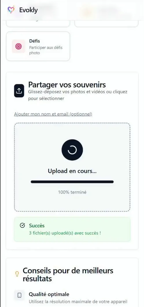 Écran Evokly d'envoi de photos sur mobile, upload terminé