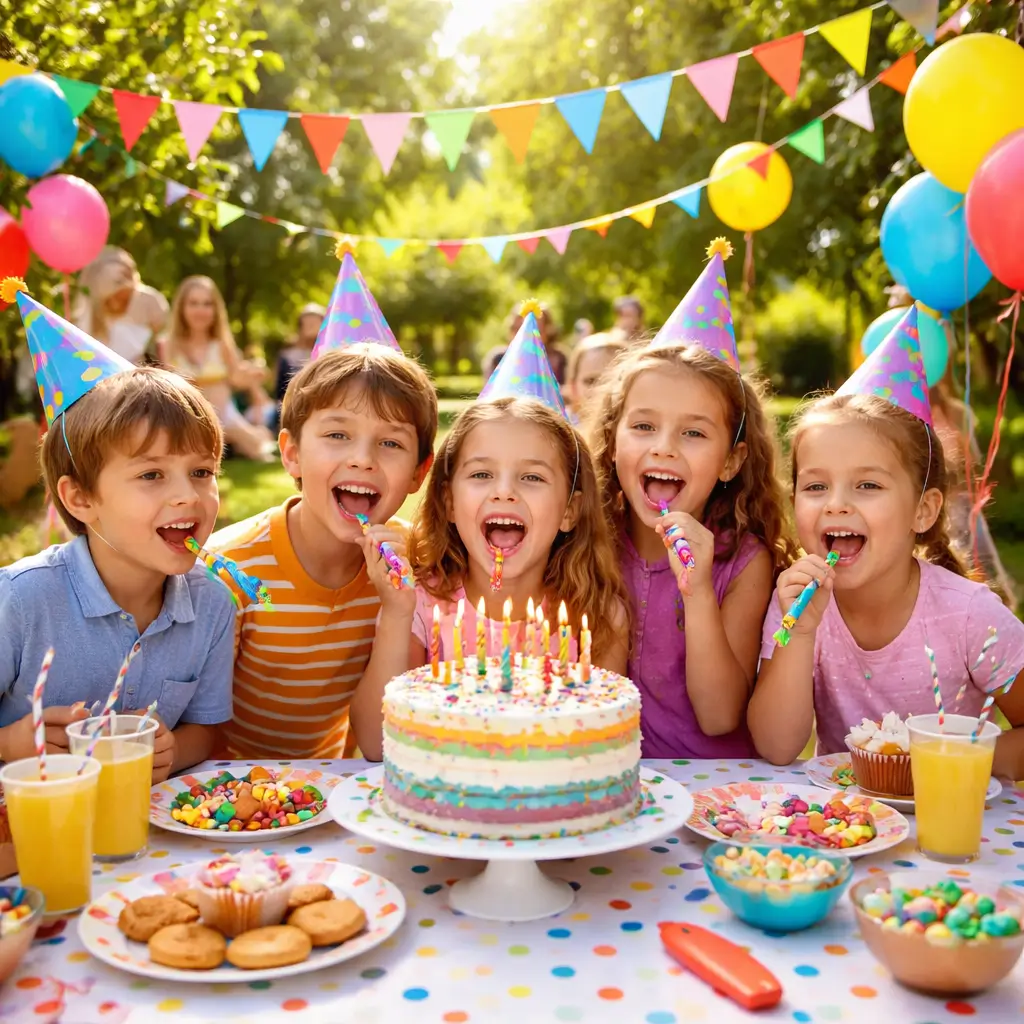Table d'anniversaire décorée avec ballons et gâteau