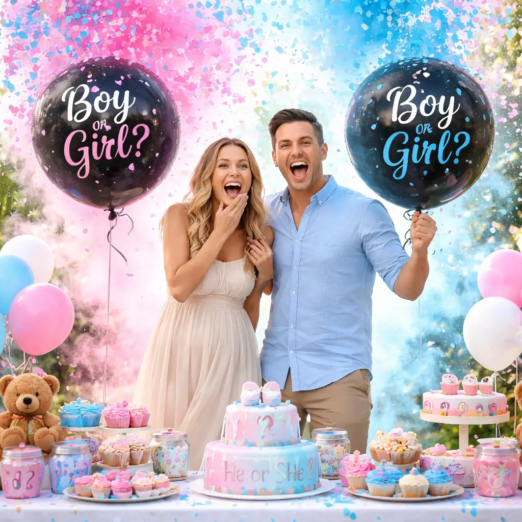 Fête de baby shower décorée avec des ballons « Boy or Girl »